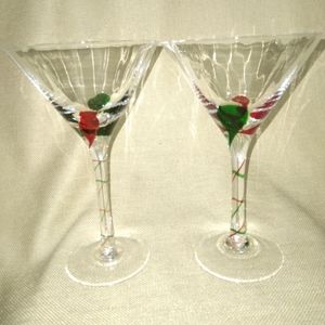 2 Pier I  Hand Blown Martini Glasses.  Red and Green Design.
